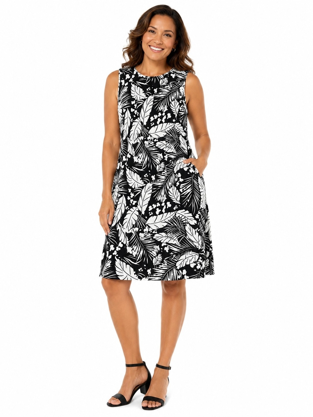 Dressbarn Black & White Tropical Leaf Sleeveless Mini Dress